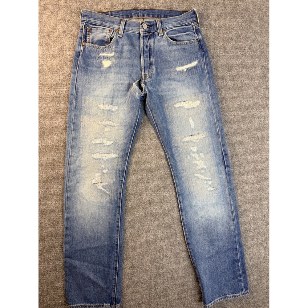 Levis 501 Mens 33x34 Blue Denim Distressed 150th Anniversary Straight Fit Jeans